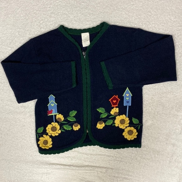 baby togs Other - Vintage 90’s navy blue zip sweater with flowers and bird houses euc size 6